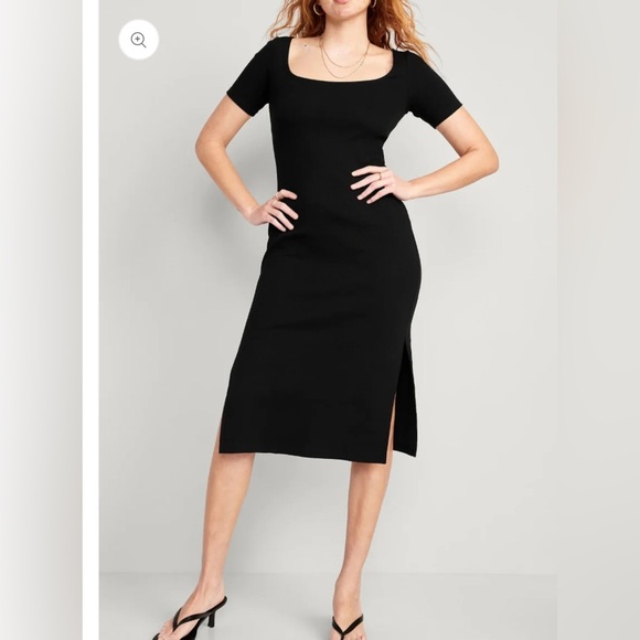 Old Navy Black Rib-Knit Midi Shift Dress M | Stretch Jersey, Short Sleeve - Picture 3 of 11